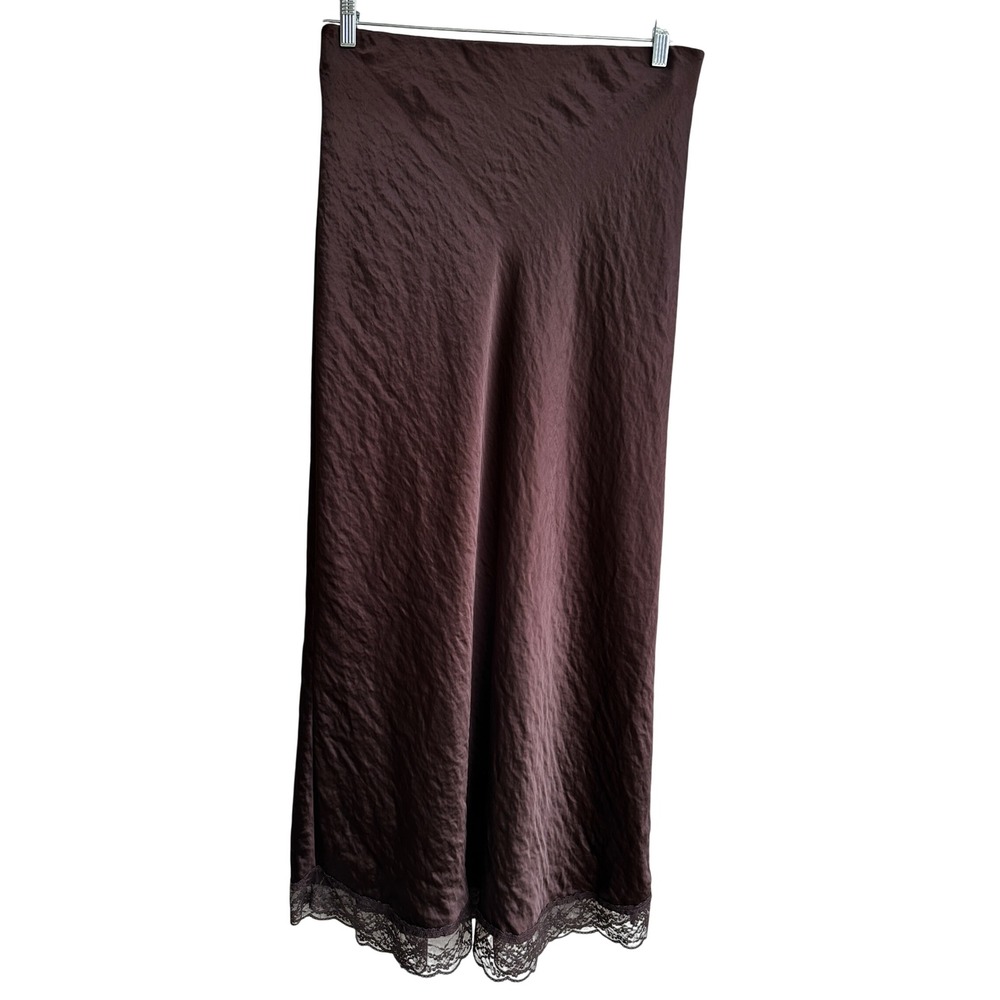 Loft Chocolate Brown Satin Lace Trim Midi Slip Skirt Women Large Coquette